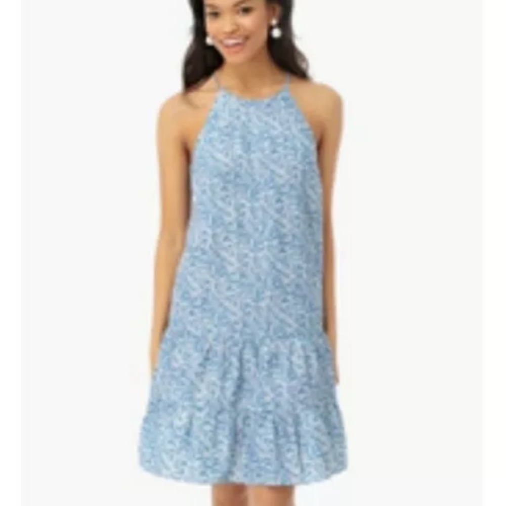 EUC Tuckernuck Ditsy Floral Blue Cornflower Swing Halter Dress Size Med.